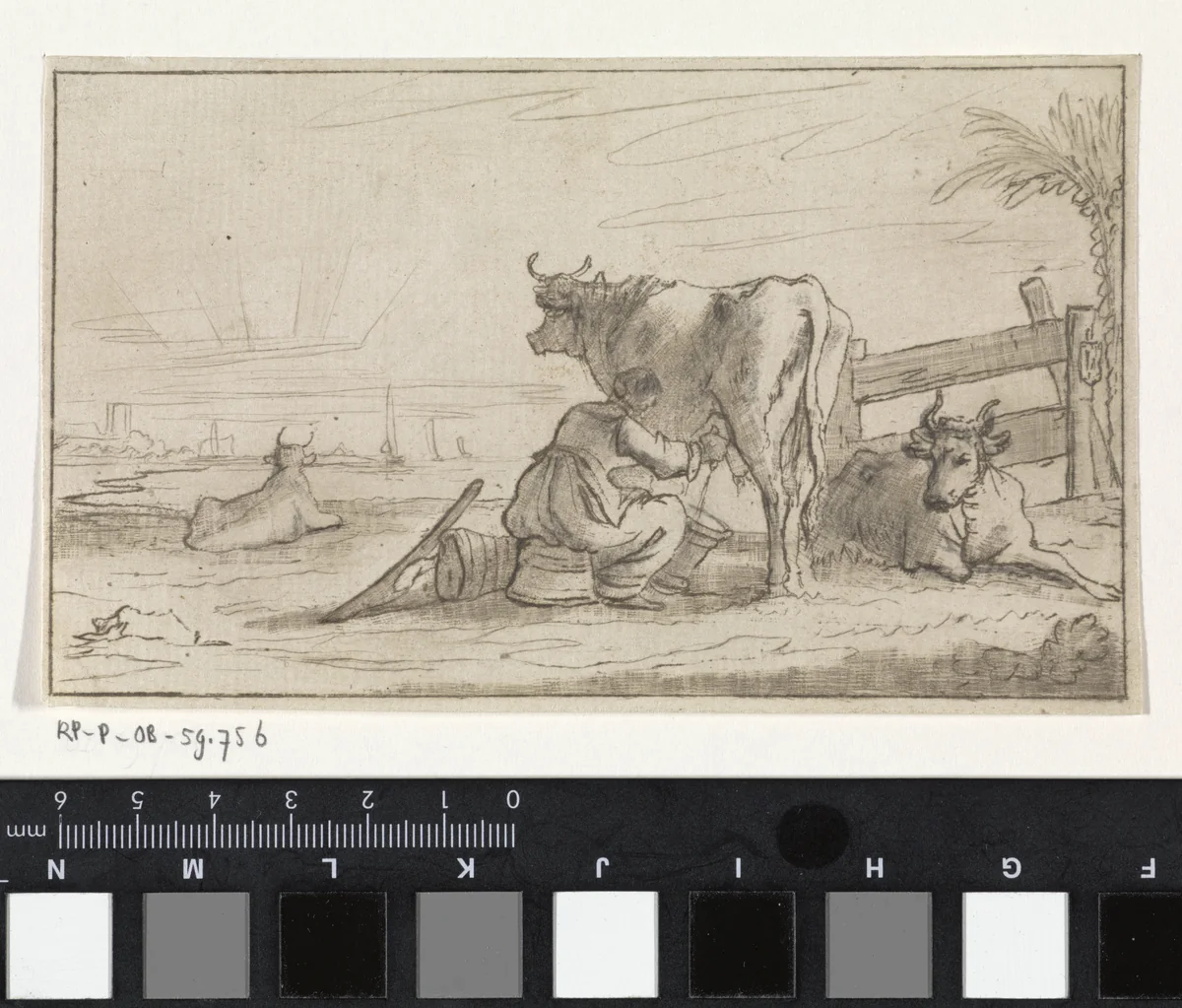 Vrouw melkt koeien in een weiland by Hendrik Spilman, print, 1742-1784