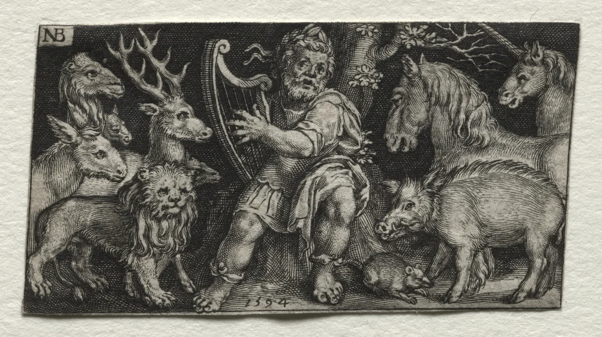 Orpheus Charming the Animals by Nicolaes de Bruyn, print, 1594