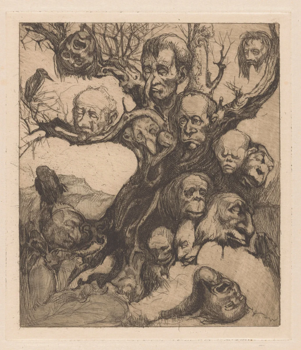 Boom met fantastiekoppen by Johannes Josephus Aarts, print, 1881-1934