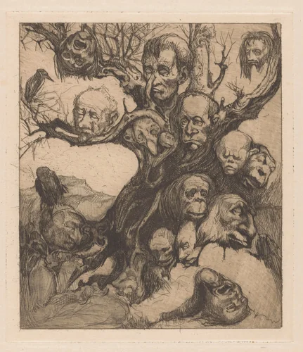 Boom met fantastiekoppen by Johannes Josephus Aarts, print, 1881-1934