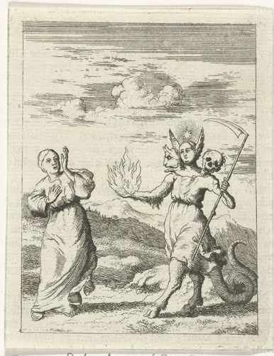 Gepersonifieerde ziel ontmoet de Zonde by Jan Luyken, print, 1678-1687