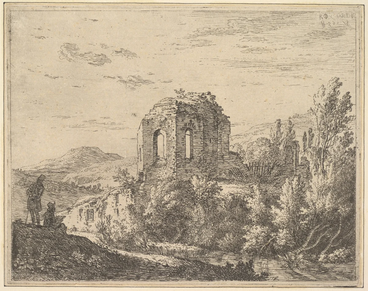View of ruins showing the corner of a building with two arched windows, in a landscape with a stream in the foreground, from a series of four plates showing ruins of a single building by Karel Dujardin, print, 1658