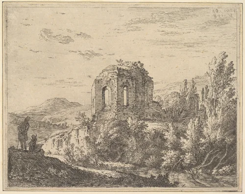 View of ruins showing the corner of a building with two arched windows, in a landscape with a stream in the foreground, from a series of four plates showing ruins of a single building by Karel Dujardin, print, 1658