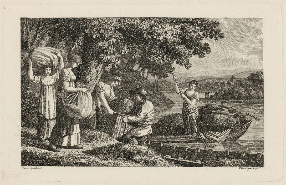 A Group of Peasants Loading Hay onto Boats by Heinrich Carl Reinhold; Friedrich Philipp Reinhold, print, 1810-1820