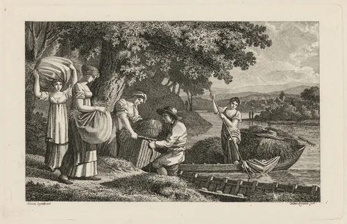 A Group of Peasants Loading Hay onto Boats by Heinrich Carl Reinhold; Friedrich Philipp Reinhold, print, 1810-1820