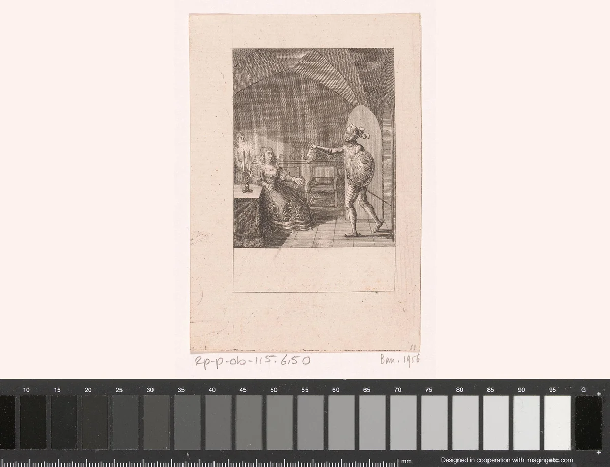 Catharina de'Medici krijgt het afgehakte hoofd van Coligny te zien by Daniel Nikolaus Chodowiecki, print, 1799