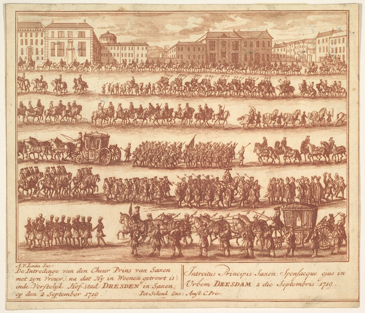 Entry of the Prince of Saxony with his Wife into Dresden on September 2, 1719, after their Marriage in Vienna by Adolf van der Laan, print, 1695-1705