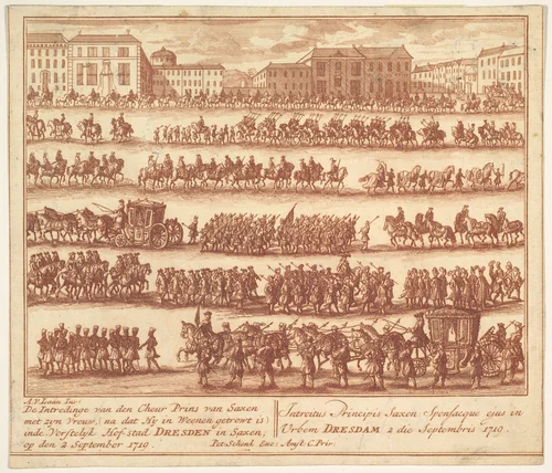 Entry of the Prince of Saxony with his Wife into Dresden on September 2, 1719, after their Marriage in Vienna by Adolf van der Laan, print, 1695-1705