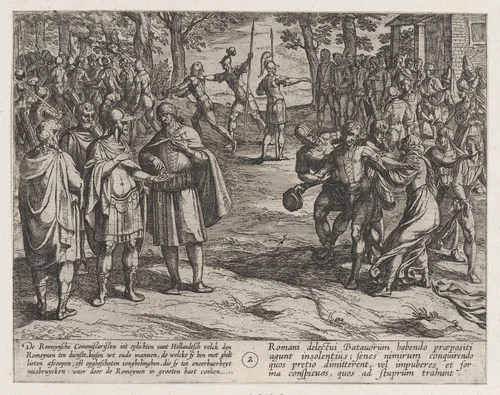 Plate 2: The Romans Taking Old Dutch Men as Hostages and Seducing Young Ones, from The War of the Romans Against the Batavians (Romanorvm et Batavorvm societas) by Antonio Tempesta, print, 1611-1612