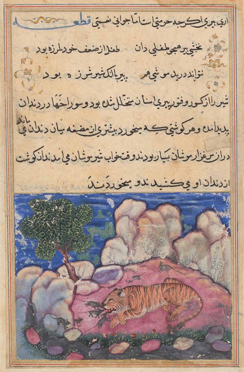 The lion disturbed by mice who eat the food trapped in his aging teeth, from a Tuti-nama (Tales of a Parrot): Fifteenth Night by Unknown, painting, 1555-1565