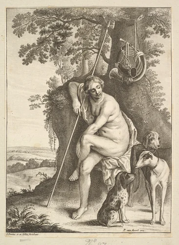 Seated figure of Diana the huntress by Wenceslaus Hollar, print, 1644-1652