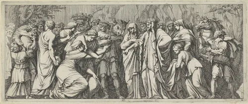 Smekelingen brengen geschenken aan Niobe by Giovanni Battista Galestruzzi, print, 1656