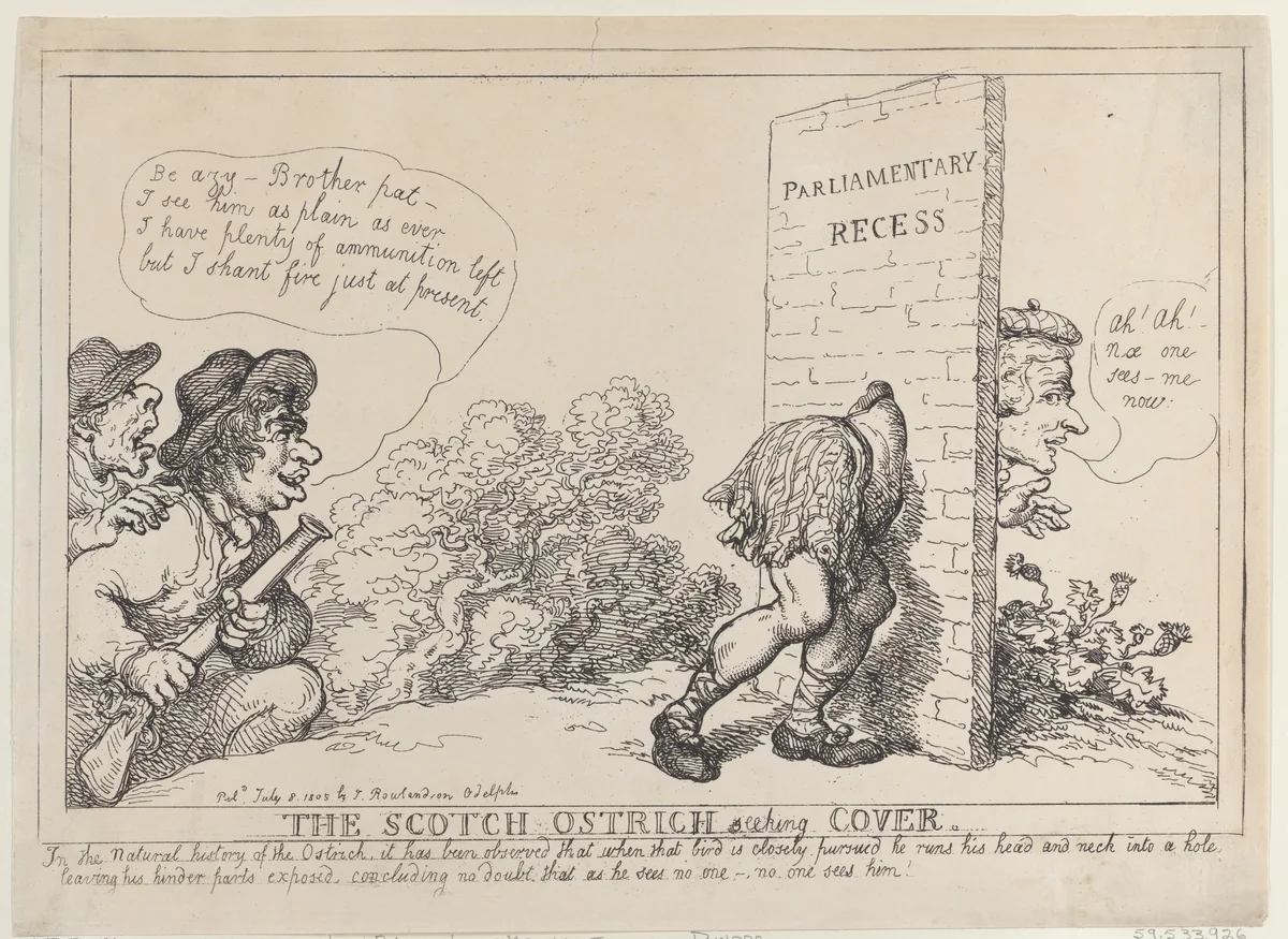 The Scotch Ostrich Seeking Cover by Thomas Rowlandson, print, 1805