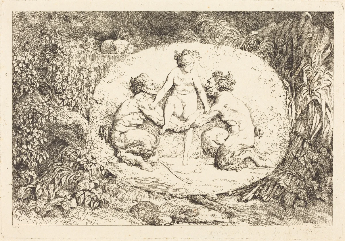 Nymph Supported by Two Satyrs (Nymphe s'asseyant sur les mains de deux satyres) by Jean Honoré Fragonard, print, 1763