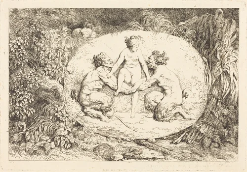 Nymph Supported by Two Satyrs (Nymphe s'asseyant sur les mains de deux satyres) by Jean Honoré Fragonard, print, 1763