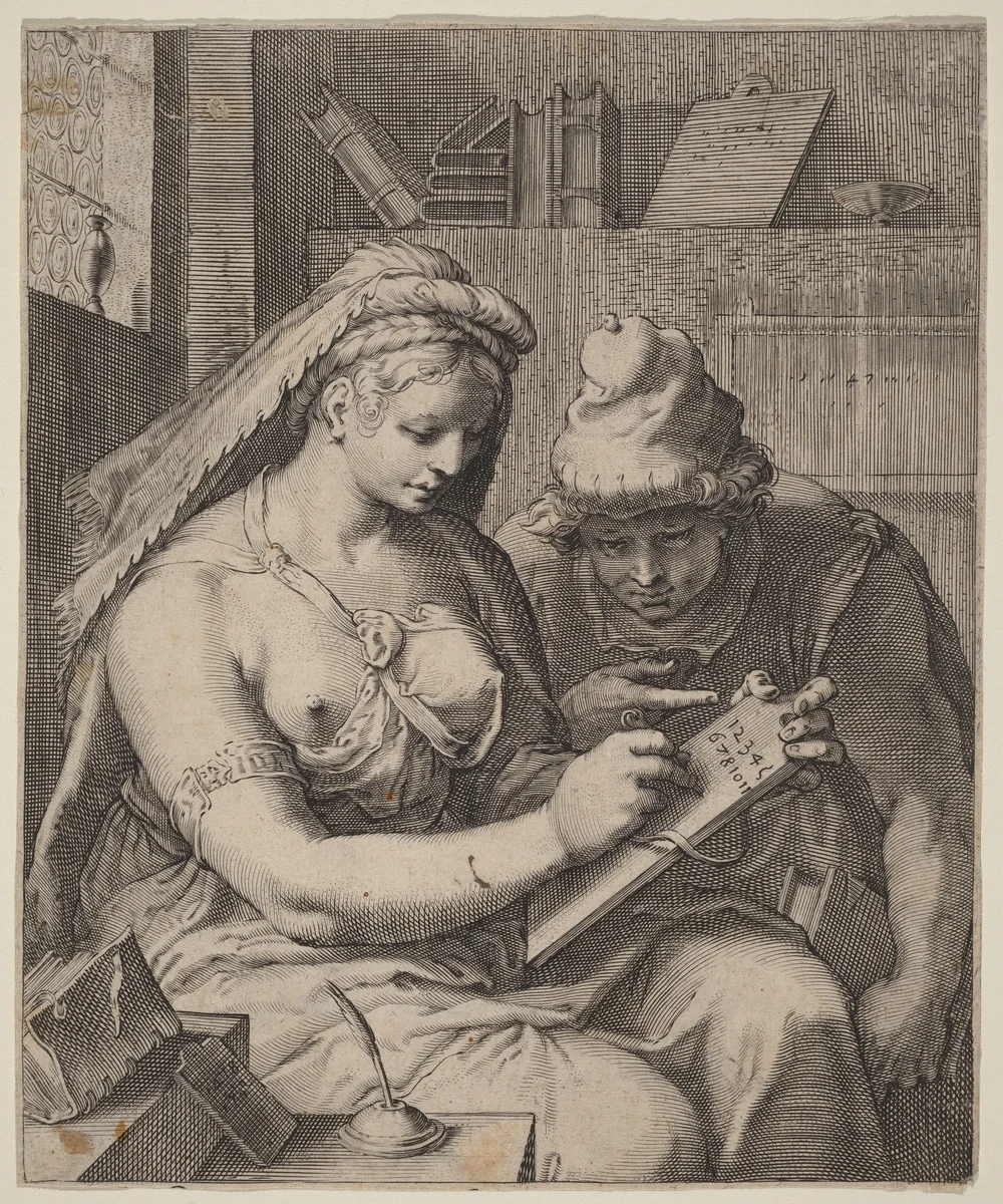 Arithmetic by Cornelis Jacobsz Drebbel; Hendrick Goltzius, print, 1592-1602