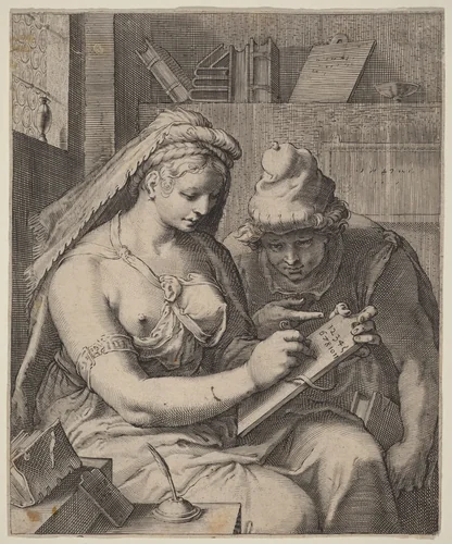 Arithmetic by Cornelis Jacobsz Drebbel; Hendrick Goltzius, print, 1592-1602