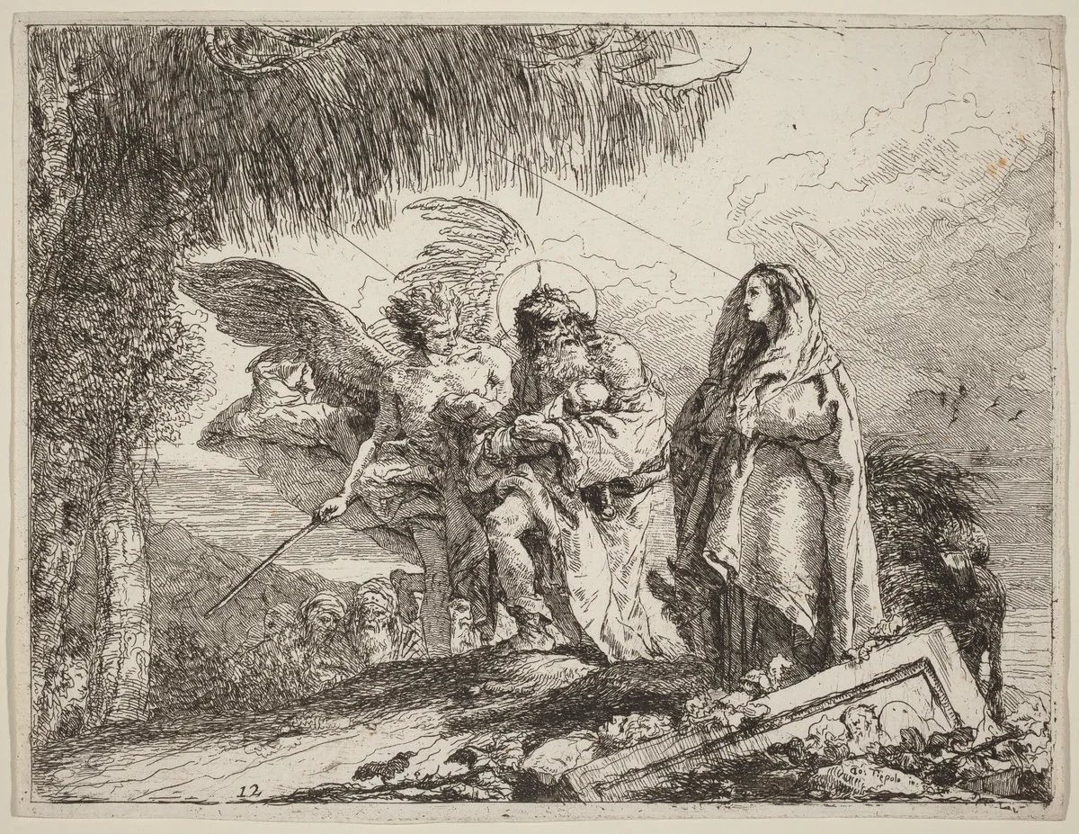 The Flight, Holy Family Walking with Angel by Giovanni Domenico Tiepolo, print, 1753