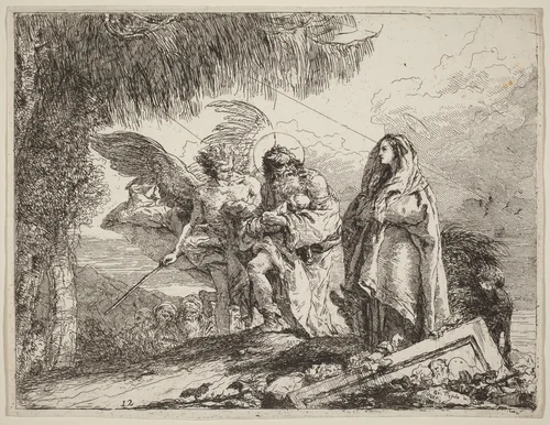 The Flight, Holy Family Walking with Angel by Giovanni Domenico Tiepolo, print, 1753