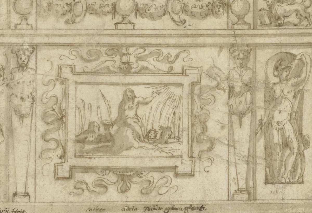 Ontwerp voor het apparaat voor Aretino's 'La Talanta' by Giorgio Vasari, drawing, 1541-1542