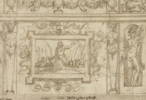 Ontwerp voor het apparaat voor Aretino's 'La Talanta' by Giorgio Vasari, drawing, 1541-1542