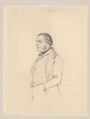 Portret van een staande man, de handen in de broekzak, en profil gezien by Jan Caramelli, drawing, 1826-1881