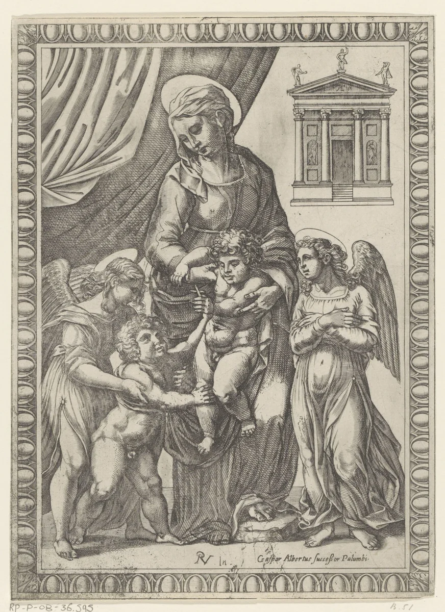 Maria met Kind en de jonge Johannes de Doper by anonymous, print, 1575-1600