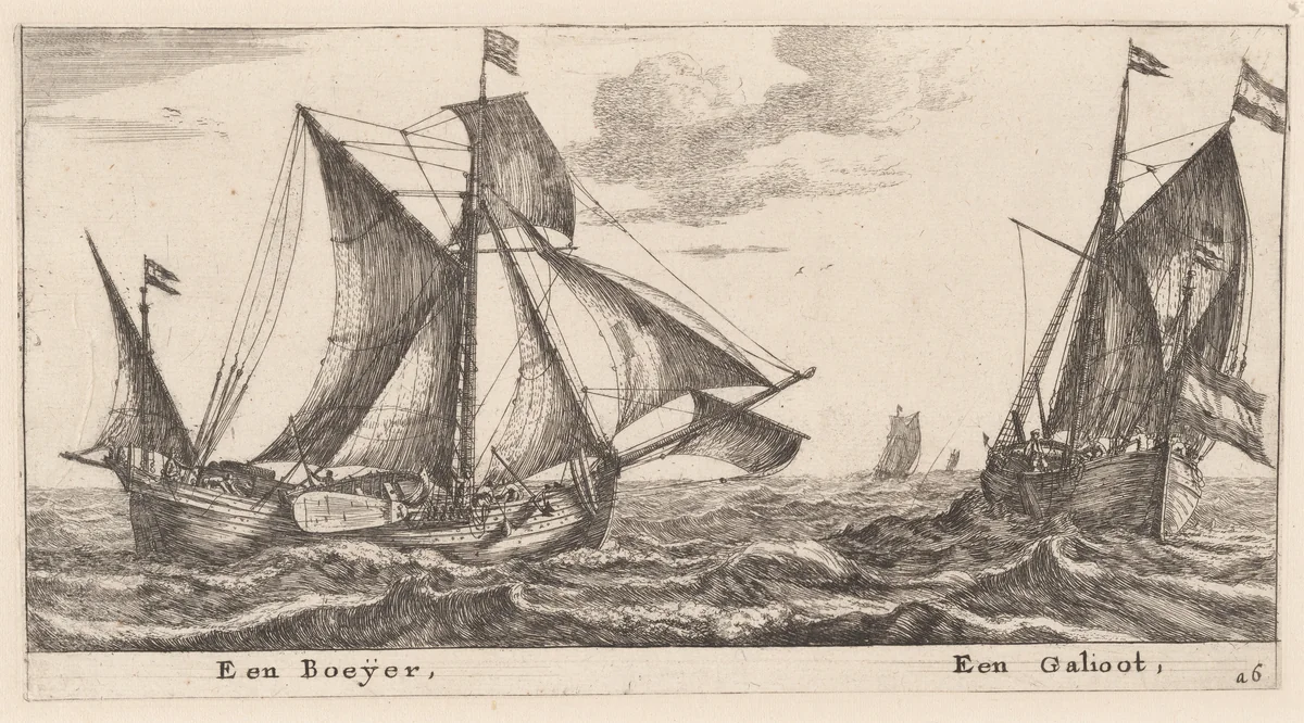 A Boeier and a Galliot by Reinier Nooms, print, 1647-1657