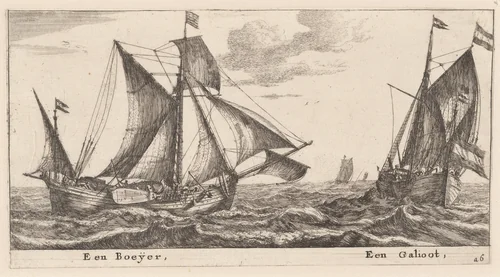 A Boeier and a Galliot by Reinier Nooms, print, 1647-1657