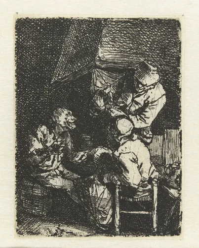 Gezelschap rond de haard by Cornelis Pietersz. Bega, print, 1642-1664