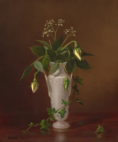 Myosotis and Roses in a Vase by Frederick Stone Batcheller, painting, 1837-1889