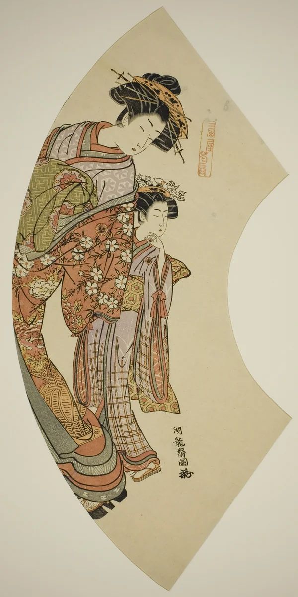 The Courtesan Hanaogi of the Ogiya and her attendant, from the series "Fans of the East (Azuma ogi)" by Isoda Koryusai, print, 1772-1783