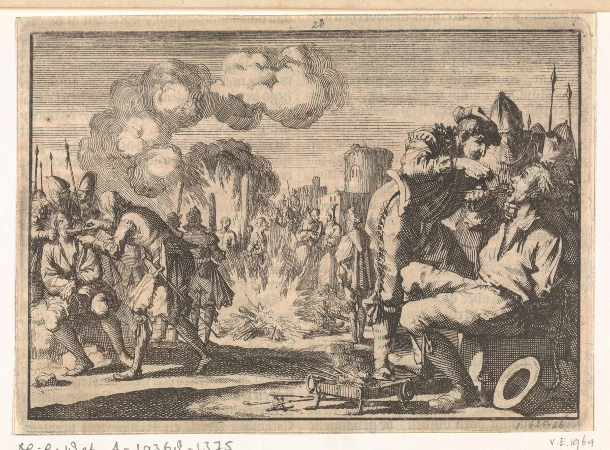 Vervolging van de hervormden in de Nederlanden, 1574 by Jan Luyken, print, 1698