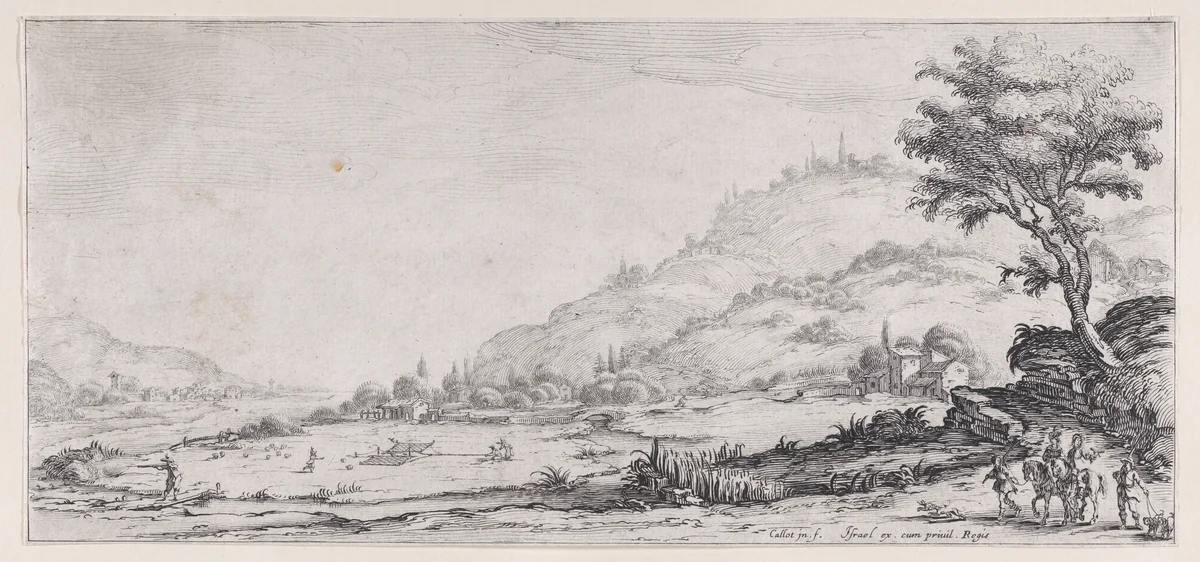 Le Chasse aux Oiseaux (The Bird Hunt), from "Paysages Gravés pour Jean de Médicis appelées aussi Paysages Dessinés a Florence, Vues de Florence, Paysages d'Italie, et Paysages Définitifs" (Landscapes Engraved for Giovanni de'Medici, Landscapes Designed in Florence, Views of Florence, Landscapes of Italy, and Definitive Landscapes) by Jacques Callot, print, 1613-1623