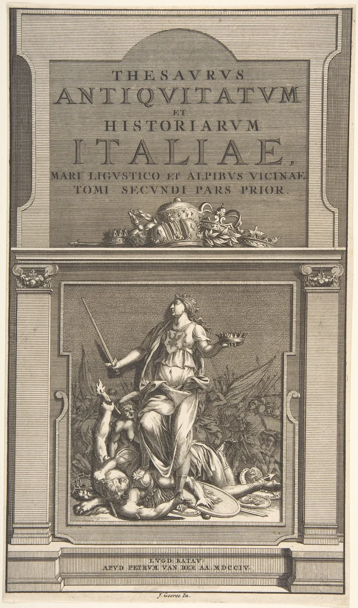 Title Page for "Thesavrvs Antiqvitatvm et Historianrvm Italie, Mari Lingvistico et Alpibvs Vicinae Tome Secondi Pars Prior" by Jan Goeree, print, 1685-1731