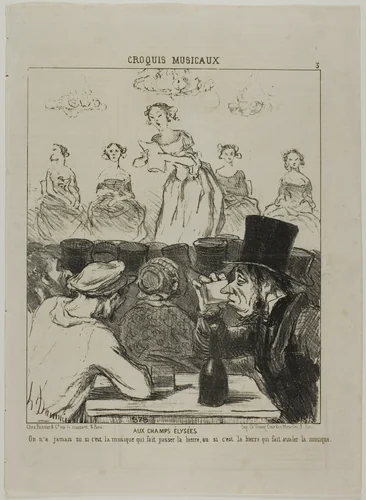 At the Champs-Elysées. It has never been quite clear whether the music makes the beer go down, or the beer that makes you swallow the music, plate 3 from Croquis Musicaux by Honoré-Victorin Daumier, print, 1852