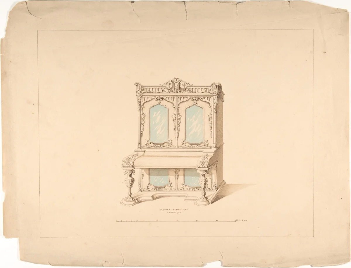 Design for Cabinet Pianoforte, Arabesque Style by Robert William Hume, drawing, 1835-1900