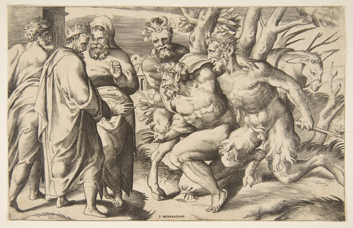 Two satyrs brining Silenus King Midas standing at the left by Giulio Bonasone, print, 1531-1576