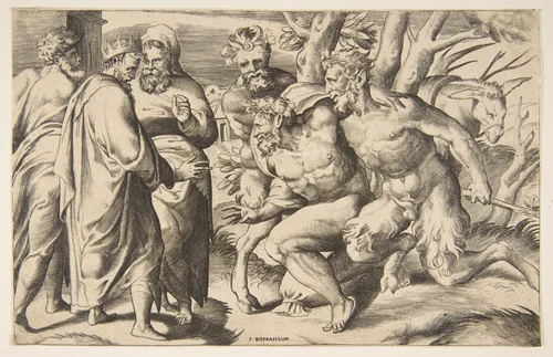 Two satyrs brining Silenus King Midas standing at the left by Giulio Bonasone, print, 1531-1576