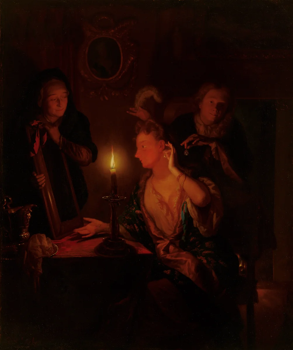 Lady at a Mirror by Candlelight by Godefridus Schalcken, painting, 1696
