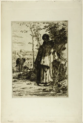 The Shepherdess Knitting by Jean-François Millet, print, 1862