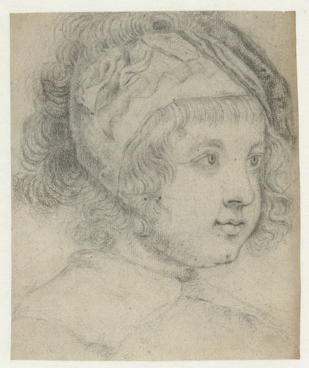 Kinderhoofdje met krullend haar en kapje op, naar rechts by Abraham Bloteling, drawing, 1650-1690