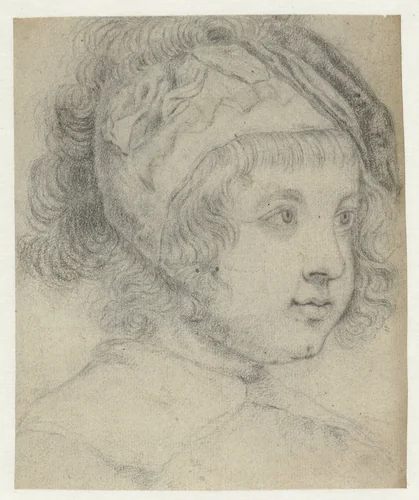 Kinderhoofdje met krullend haar en kapje op, naar rechts by Abraham Bloteling, drawing, 1650-1690