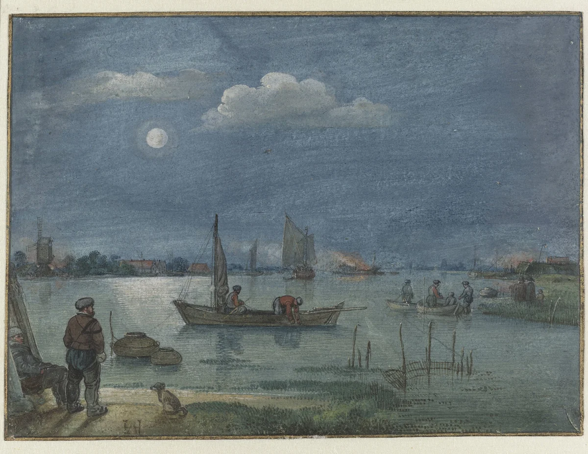 Moonlit River Landscape with Fishermen by Hendrick Avercamp, drawing, 1625
