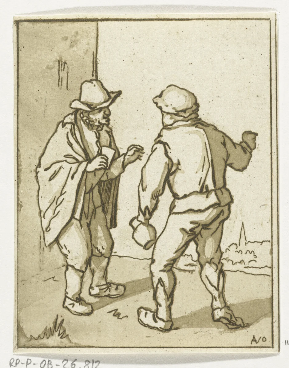 Twee staande mannen in gesprek by Anthonie van den Bos, print, 1778-1838