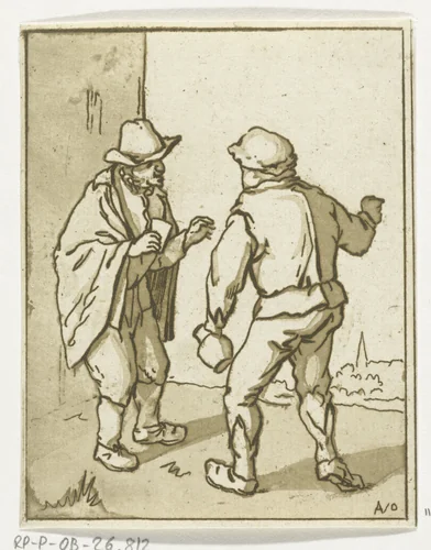 Twee staande mannen in gesprek by Anthonie van den Bos, print, 1778-1838
