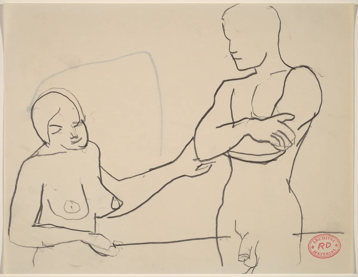 Untitled [female nude reaching for elbow of male nude] by Richard Diebenkorn, drawing, 1955-1967