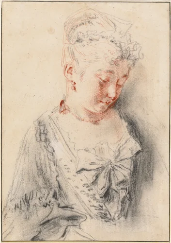 Seated Woman Looking Down by Antoine Watteau, drawing, 1720-1721