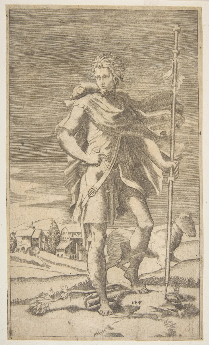 Saint Roch standing holding a staff in his left hand, a dog by his side by Giulio Bonasone, print, 1531-1576