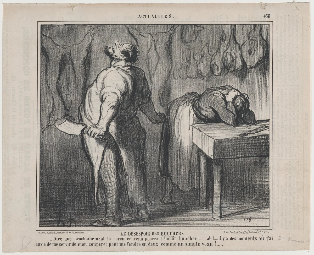 Le Désespoir des Bouchers, from Actualités, published in Le Charivari, November 21, 1857 by Honoré Daumier, print, 1857
